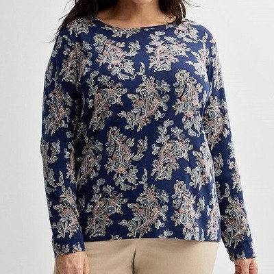 Croft & Barrow Long Sleeve Knit Top - 100% Cotton - Crew Neck -Navy Paisley - 3X