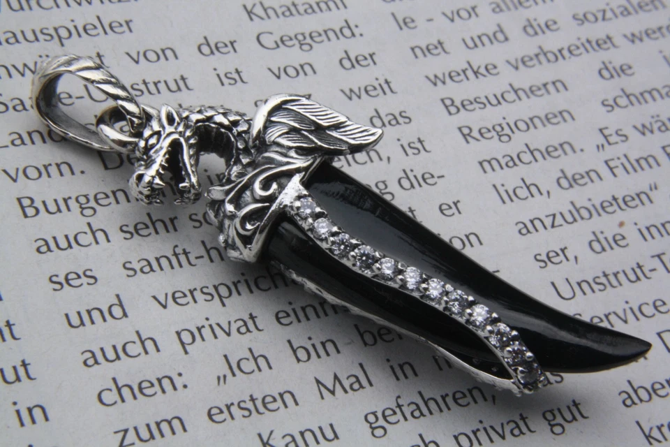 Ciondolo Drago Dente Cuore Zirconia Argento Ciondolo 925 Argento - Immagine 2 di 3