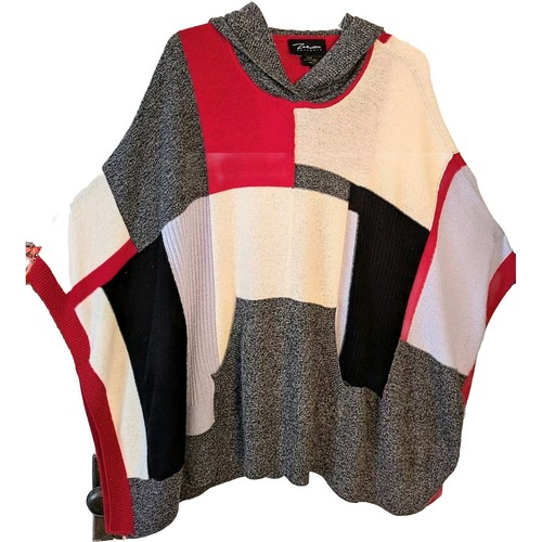 Zoe Couture 100% Cashmere Colorblock Patchwork Hooded Poncho Gray/Red/Ivory/Blck