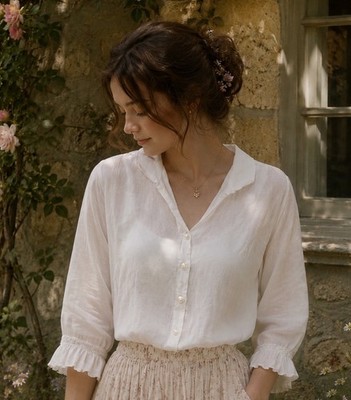 April Cornell White Linen Button Front Blouse 3/4 Ruffle Sleeve Cottagecore Boho