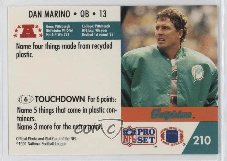1991 Pro Set Mobil FACT Dan Marino #210 HOF - Image 2 of 2