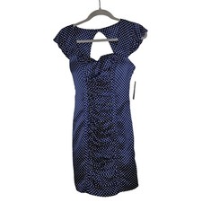 GUESS NWT Navy Blue White Polka Dot Ruched Sheath Dress 2 Pinup Retro Coquette