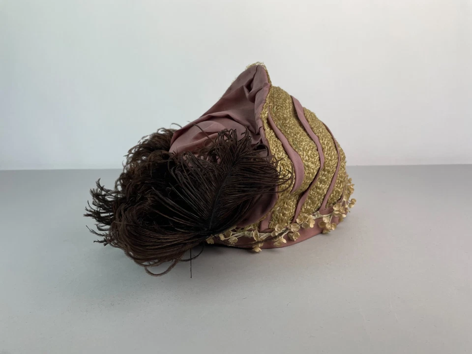 Antique 1915 WW1 Era Ladies Straw Floral Ribbon Feather Hat 26.5" Brim - Image 3 of 4