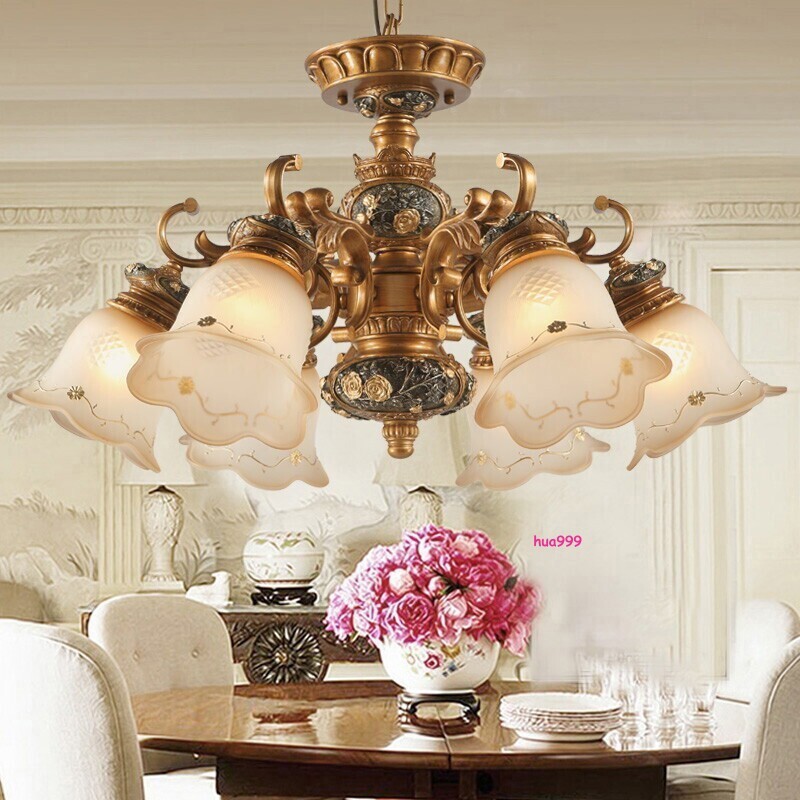 Retro Rococo 6 Lights Chandelier Lamp Petal Glass Shade Pendant Ceiling Lighting