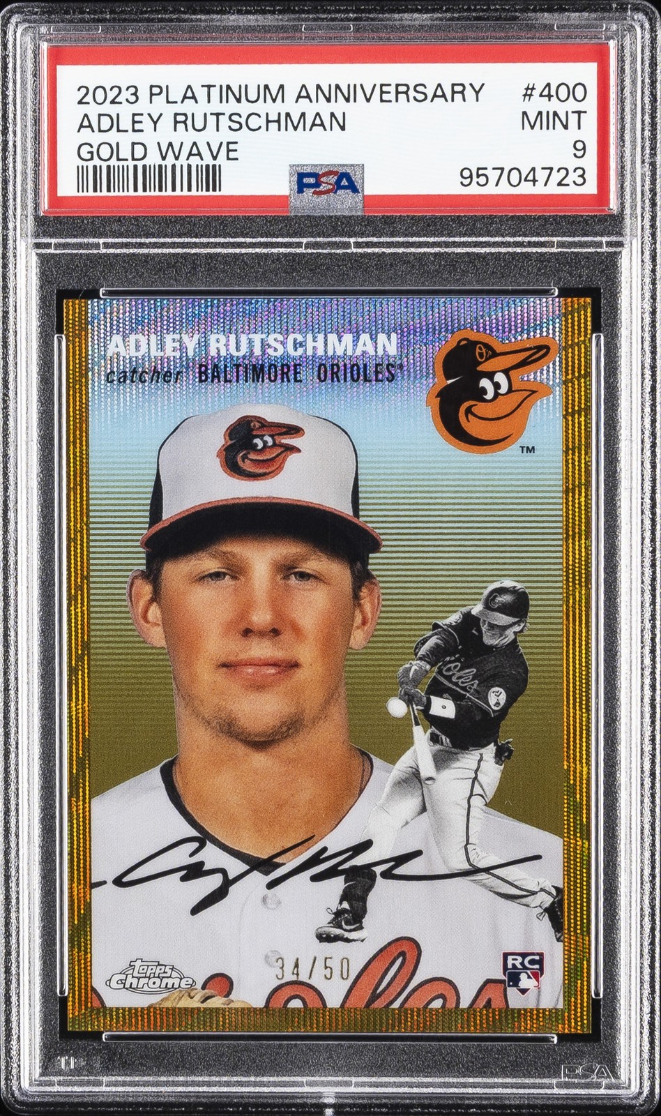 2023 TOPPS CHROME PLATINUM ANV GOLD WAVE #400 ADLEY RUTSCHMAN ROOKIE 34/50 PSA 9