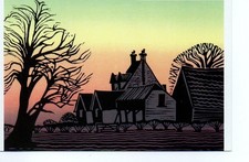 LINOCUT ART postcard:    WINTER EVENING by PENNY BERRY PATERSON