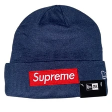 Blue Supreme x New Era Red Box Logo Beanie Navy Knit Fall Winter Hypebeast FW24