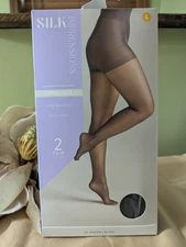 SILK IMPRESSIONS SHIMMER SHEER 20 DENIER PANTYHOSE TIGHTS 2-PAIRS SZ: L/BLACK