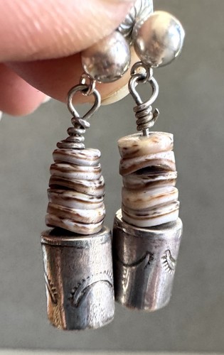 Vtg NAVAJO Shell HEISHI + STERLING Silver Stamped TUBE BEAD EARRINGS Posts 1.25"