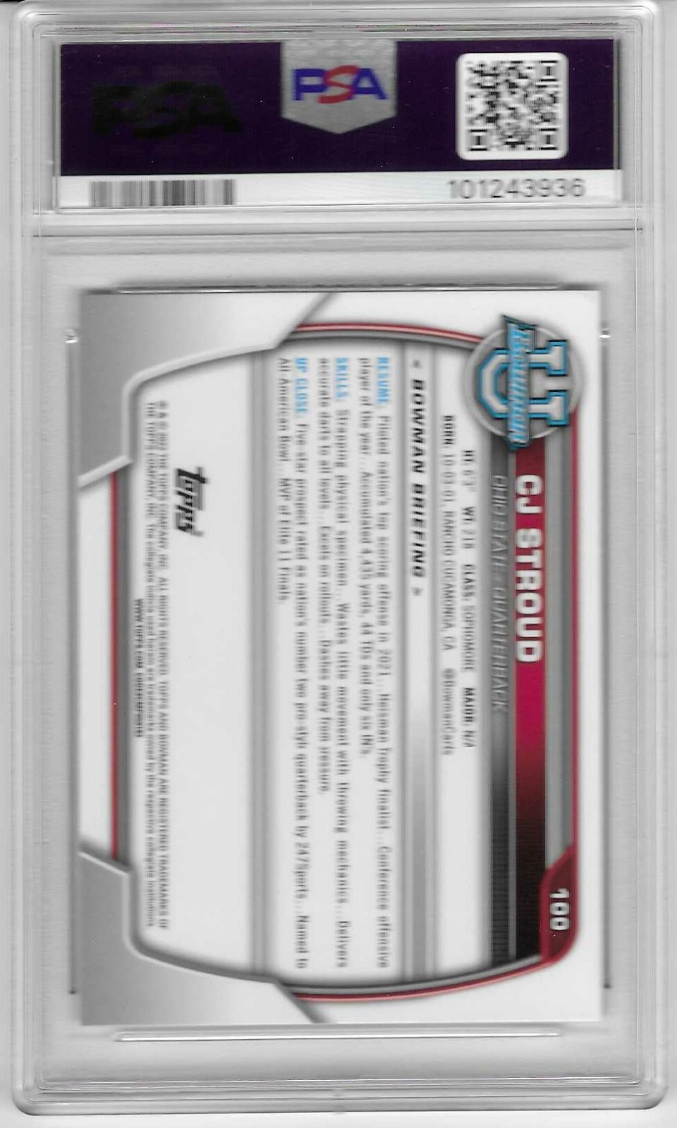 2022 Bowman University Chrome Prospects CJ STROUD #100 PSA 8 NM-MT Ohio State view 2