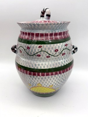 Covered Jar  11 3/4 '' high 9'' across Handmade Studio Pottery Colorful Design