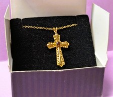 Vintage 1992 Avon Genuine Garnet Cross Necklace 18 inch Chain Religious Jewelry