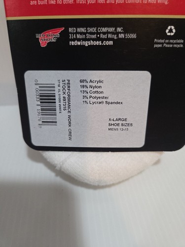 Scarpe Red Wing Performance Work Crew Calzini Uomo 12-15 Bianco 1 Confezione - Foto 4 di 4