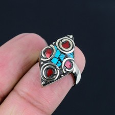 Tibetan Turquoise Red Coral 925 Sterling Silver Adjustable Nepali Ring PG 3023
