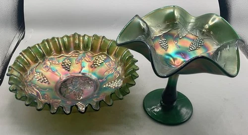 PAIR OF LOVELY VINTAGE CARNIVAL FENTON VINTAGE TCE BOWL & RUFFLED COMPOTE