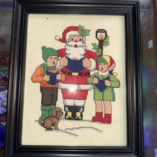 Vintage Framed  Finished Needlepoint of Santa And Christmas Carolers 11x14