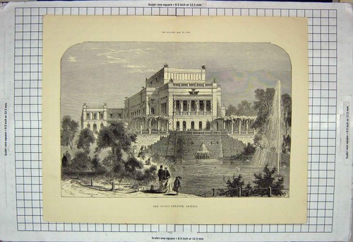 Original Old Antique Print Architecture 1882 Stadt-Theater Leipzig Fountain