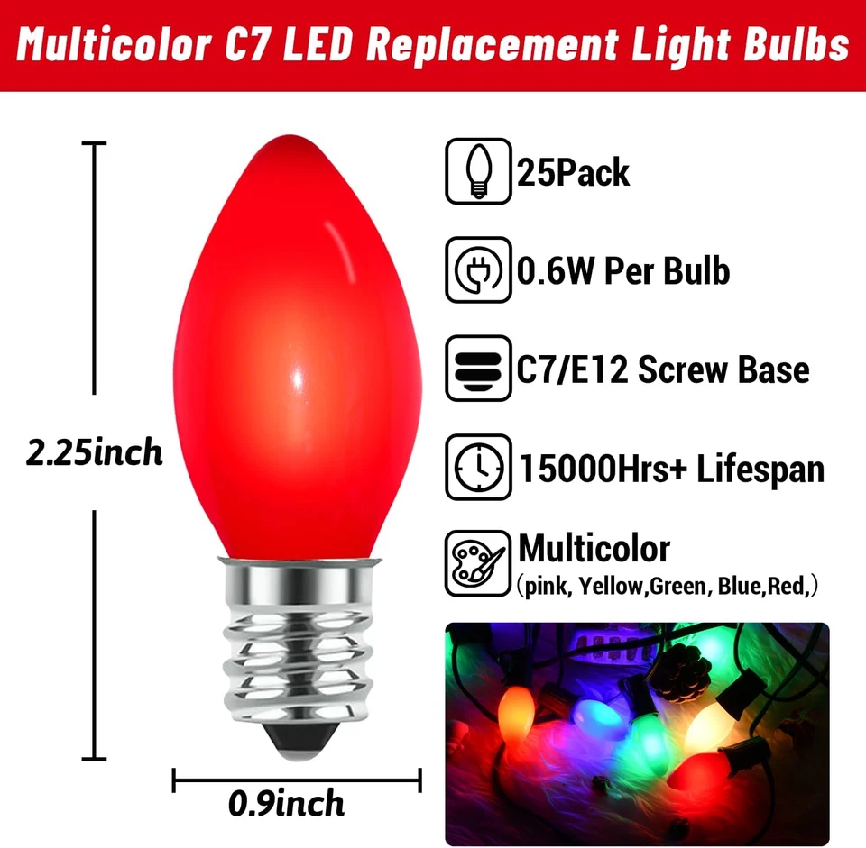 25 Pack C7 LED Christmas Light Bulbs Multicolor E12 Base Vintage Replacement Bul - Image 2 of 4