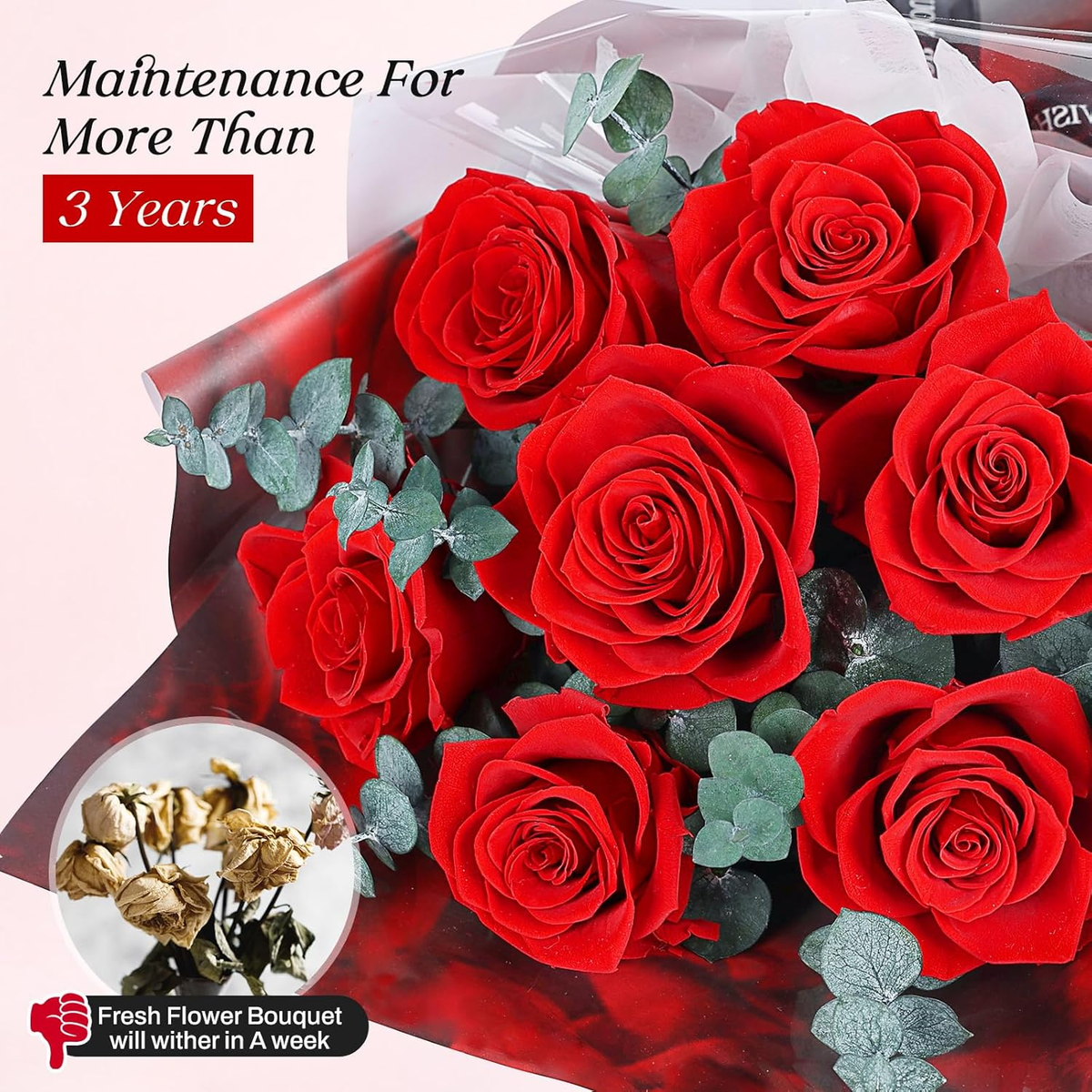 Eternal Roses Bouquet - 7 Red Preserved Roses in Gift Box for