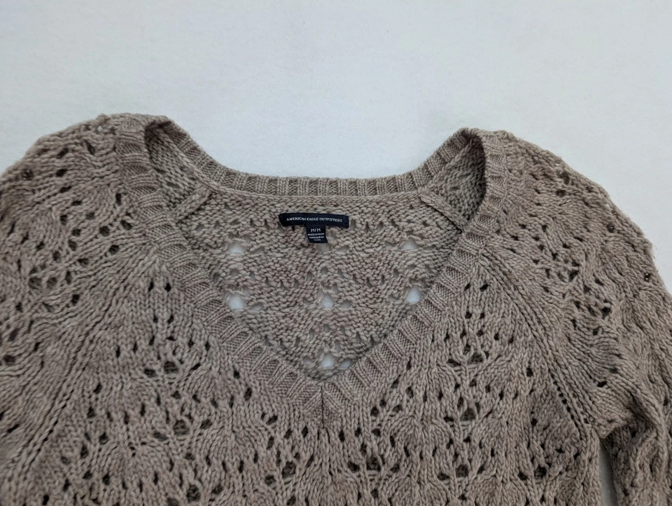 Женский свитер American Eagle Outfitters размер M открытый трикотаж бежевый богемное - Изображение 3 из 4