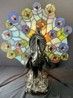 Vintage Large Peacock Tiffany Style Table Lamp Stained Glass Bronze 15 X 13 X 10