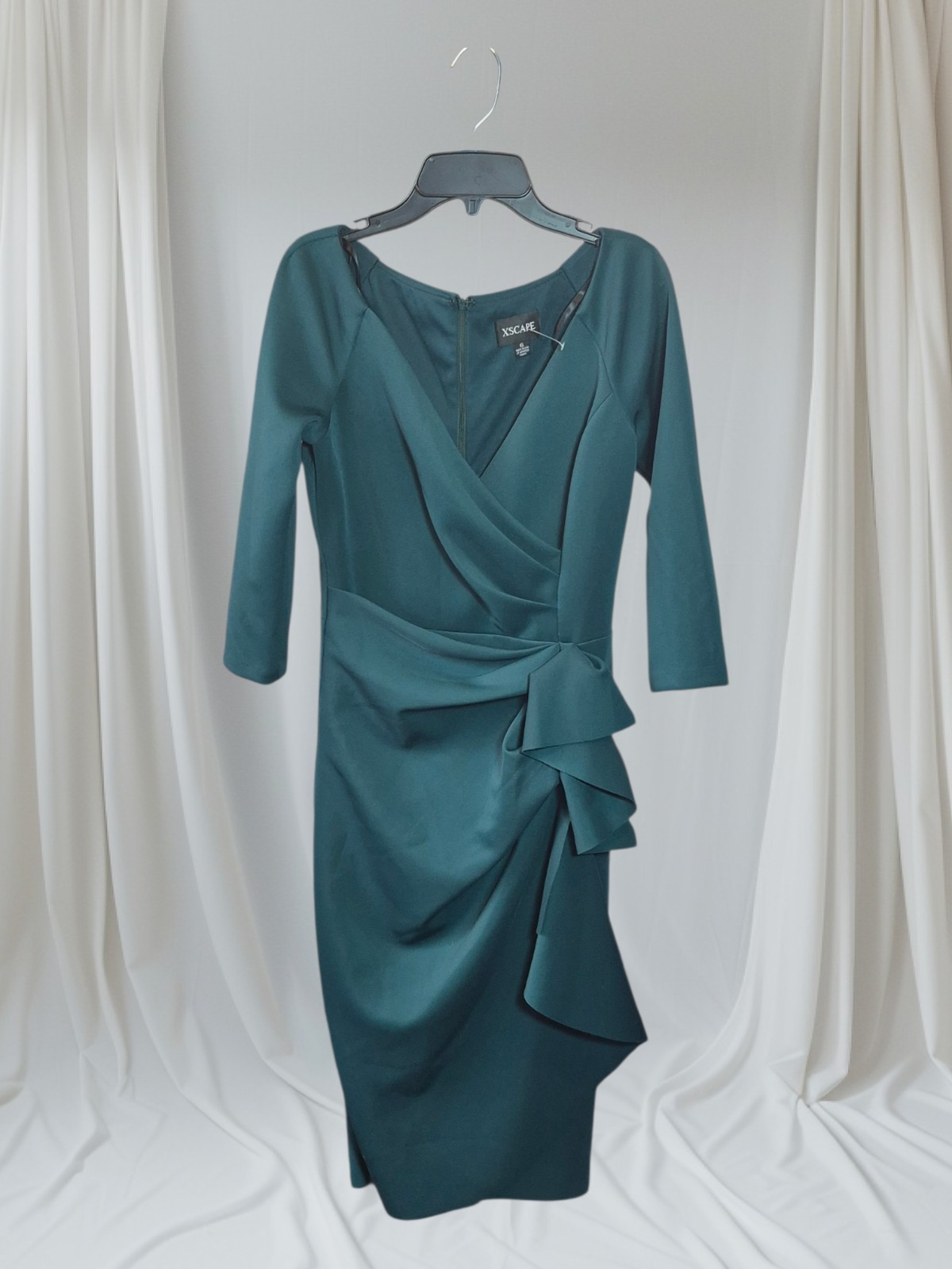 Xscape Allie V-Neckline 3/4 Sleeves Back Zipper Side Ruffle Sheath Midi Dress 6