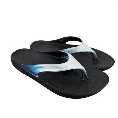 OOFOS OOlala Recovery Sandals Black Blue Ombre Metallic Womens 11 Flip Flop