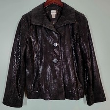 Chicos Black Leather Snakeskin Print Jacket Size 1 8 - 10 2 Button Blazer