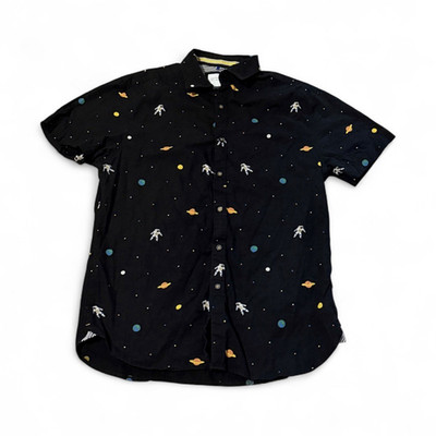 Cactus Man Men's Black Space Graphic Print Short Sleeve Point Collar Button-Up S