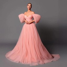 Off The Shoulder Pink Wedding Dress with Flowing Tulle and A-Line Bride Gowns