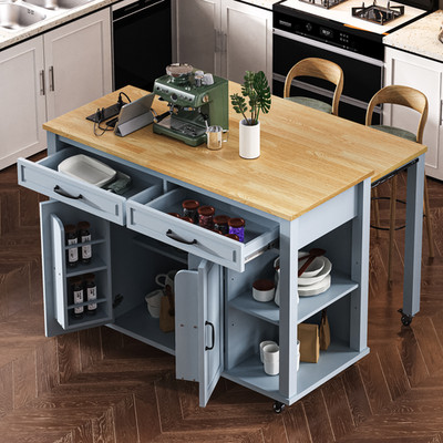 K&K 47 inch Kitchen Island with Extendable Dining Table, Rubber Wood Veneer Ki