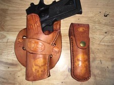 Handmade Leather LH Gun Holster mag pouch 1911 Punisher Custom Carving