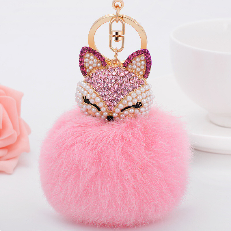 Fox Head Rabbit Fur Ball Key Ring Keychain Women's Crystal Fashion Car ...