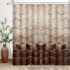 Ombre Brown Marble Shower Curtain Abstract Geometric Grid Cubic Gold Lines