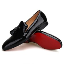 FERUCCI Hombres Cuero Negro con Borla de Puntas Zapatillas Mocasines Zapato Baile de graduación Boda