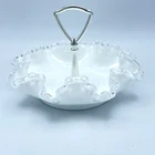 Vintage Fenton Ruffled Silver Crest Edge And White Silver Handle Candy Dish Bowl