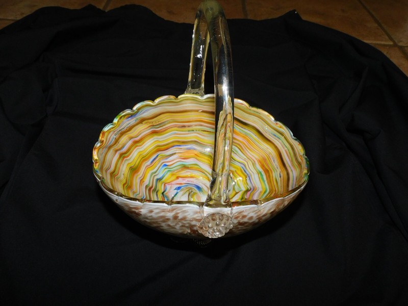 VTG MURANO BAROVIER TOSO CASED LATTIMO BASKET, COPPER FLECKS, STRIPES