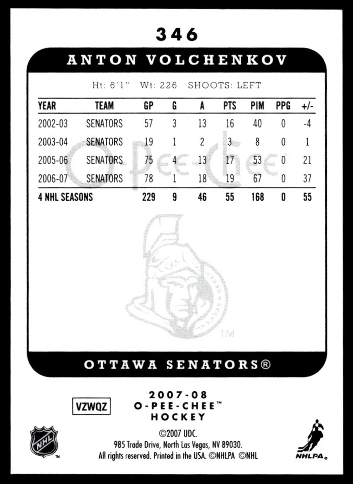 2007-08 O-Pee-Chee Micromotion Anton Volchenkov Ottawa Senators #346 R132 - Image 2 of 2