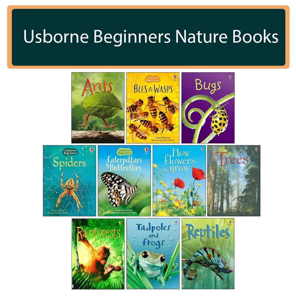 Usborne Beginners Nature 10 Books Set Ants, Bugs, Spiders, Tree, Reptiles, Rain