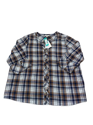 Skies Are Blue Womens 3X Plaid Londyn Cotton Top Blue/White Lace Up Front Boho