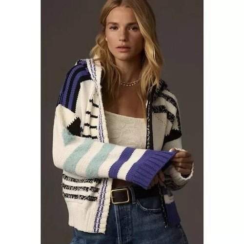 NEW Anthropologie MAEVE Anchor Cotton Blend Hooded Sweater Cardigan sz M - Picture 2 of 9