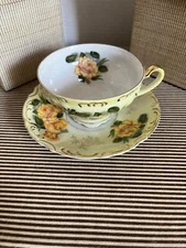 Vintage Lefton Hand Painted  Bone China Teacup Saucer Floral Yellow Roses
