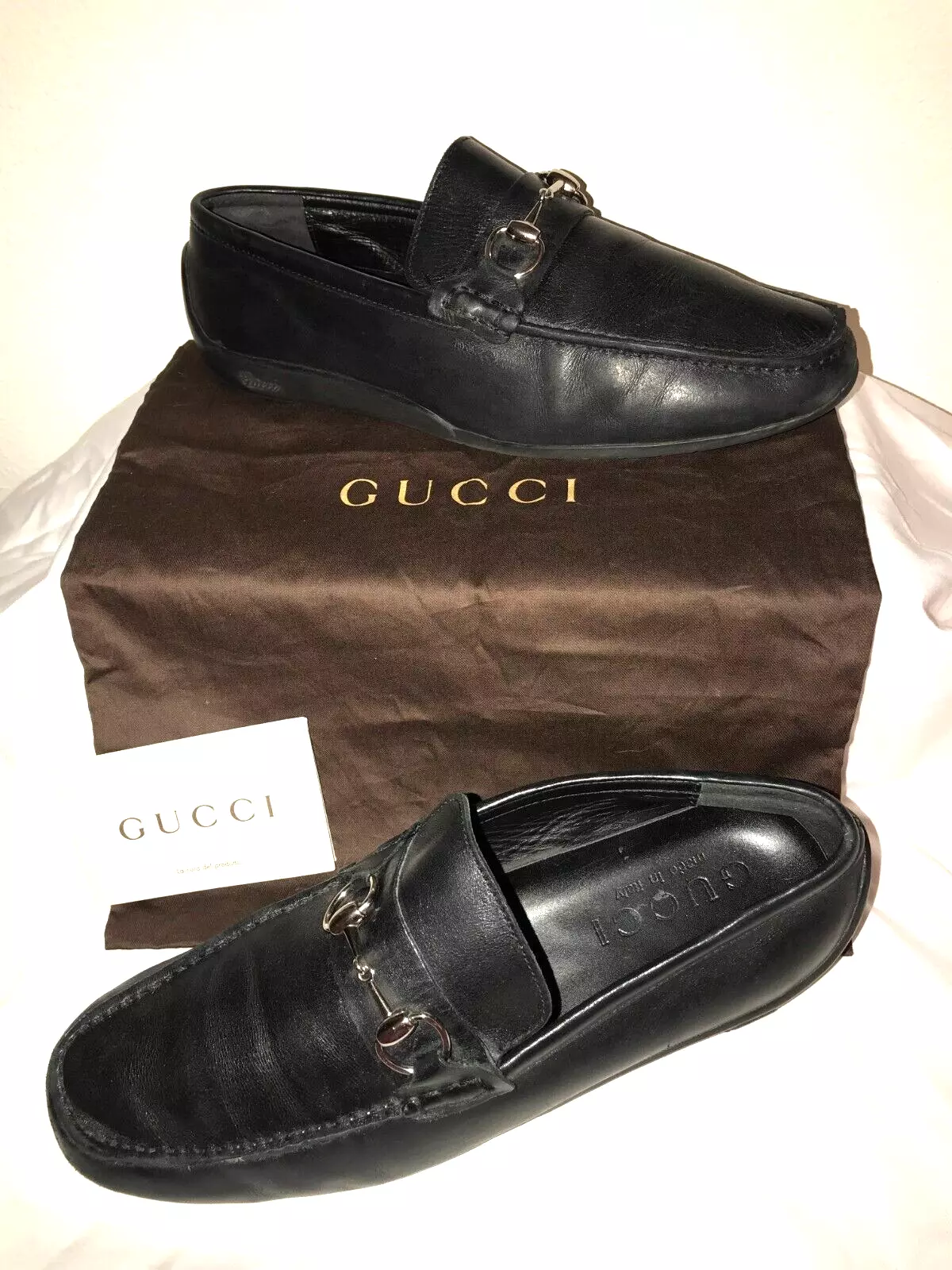 GUCCI MENS BLACK LEATHER DRIVING LOAFERS MENS 43/10 OR WOMEN'S SIZE 12