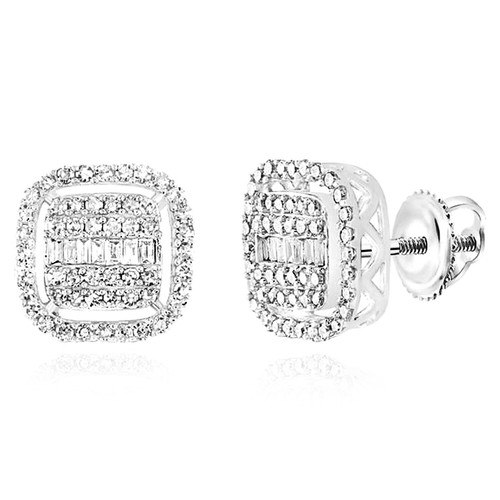 0.60CTW Natural Diamond 10K Gold Yellow White Baguette Square Stud Earrings 10mm - Picture 5 of 15