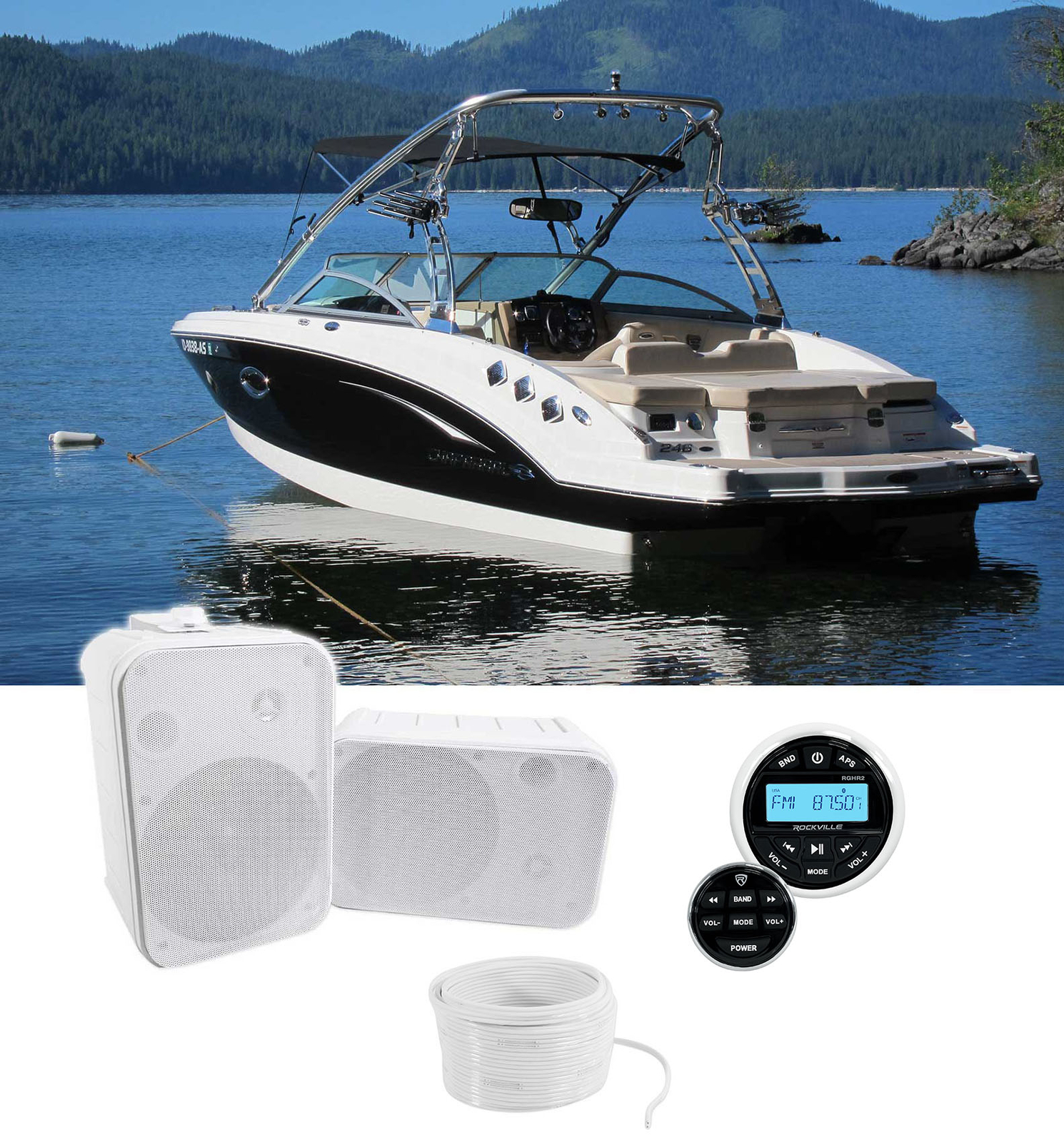 Морской измерительный приемник Rockville RGHR2 с Bluetooth пультом дистанционного управления 2 65-дюймовыми динамиками для лодки