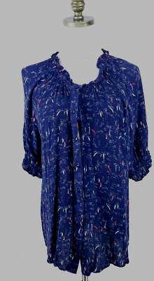 Bobeau Women's Size 2X Crinkle Blue Sailboat Print Short Sleeve Button Up Top