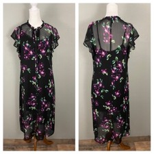Express Maxi Dress Size M Black Floral Short Sleeve Sheer Jersey Liner Y2K 90s