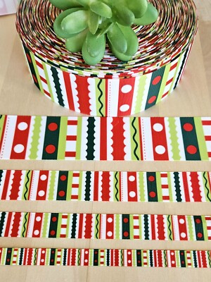 3/8, 5/8 7/8 & 1.5'' (1 YD Christmas Grosgrain Ribbon Red Green Striped Polka Dot