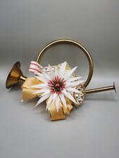Christmas Ornament French Horn Gold White Poinsettia Bells Bow