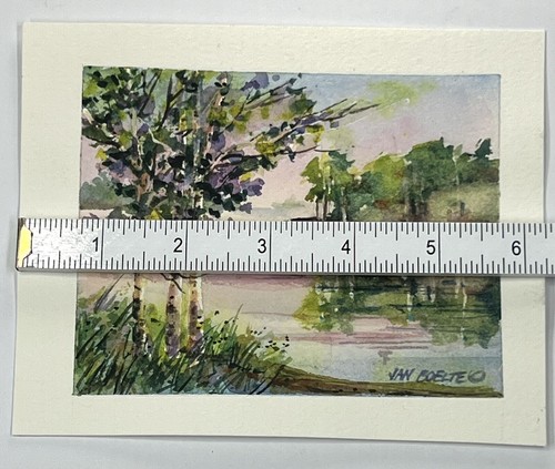Sunset Over Water By Forest Watercolor Painting Jan Boelte 5x6” Fine Art Dusk 🌅 - 第 8/9 張圖片